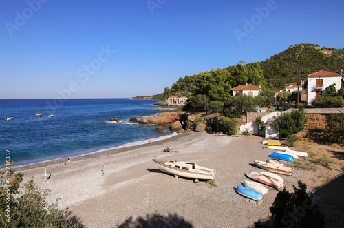 Fantastic seascape beautiful beach of the greek village Kiparissi Lakonia  Peloponnese during summer holidays.