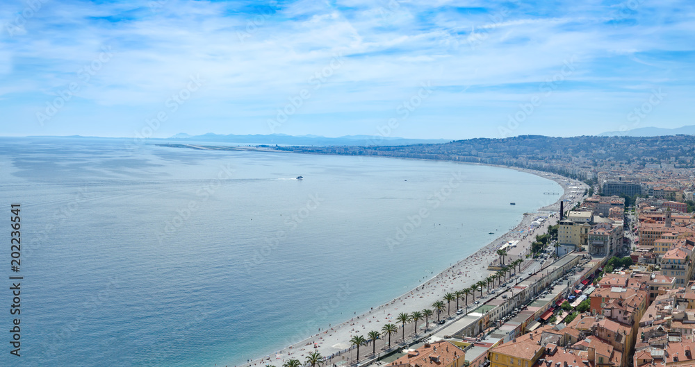 Panoramic view of the sea coast in Nice, France