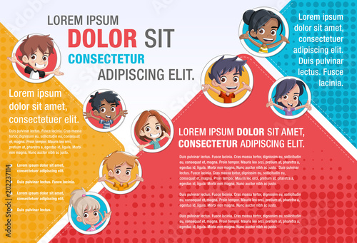 Template for advertising brochure with cute cartoon kids