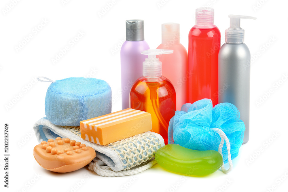 Shampoo, soap and bath sponge isolated on white background. Shampoo, soap and bath sponge isolated on white background.