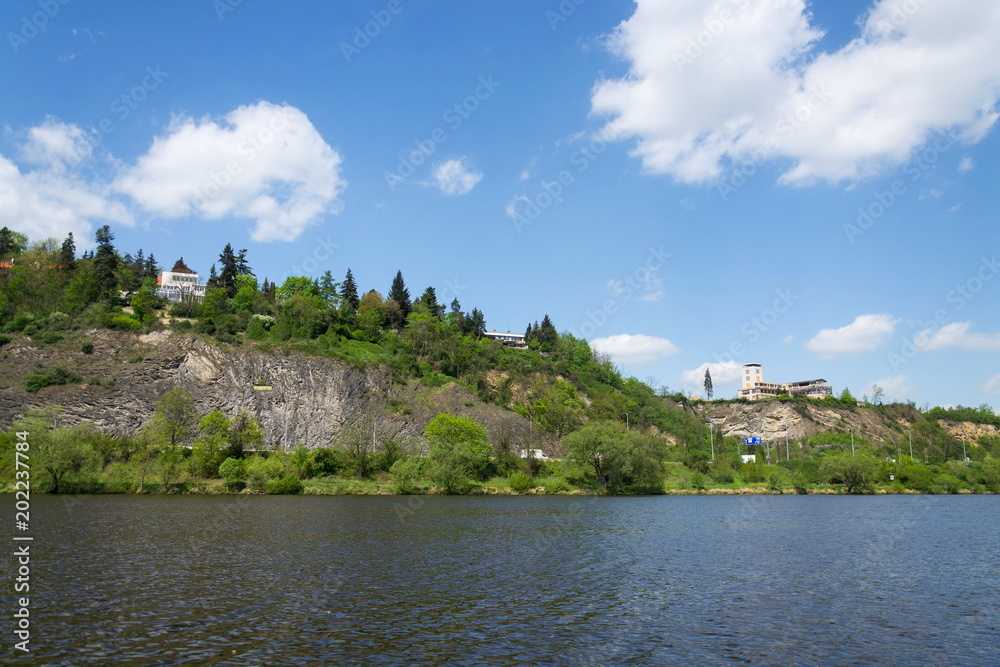 Abandoned Barrandov Terraces funkcionalism buildings complex in Prague, Czech Republic, designed by Max Urban in 1927 inspired by Cliff House near San Francisco