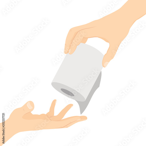 Helpful hand holding toilet paper passing to other hand in need