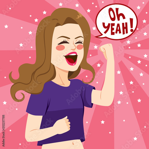 Young woman celebrating raising fist up in strength gesture with oh yeah comic balloon text