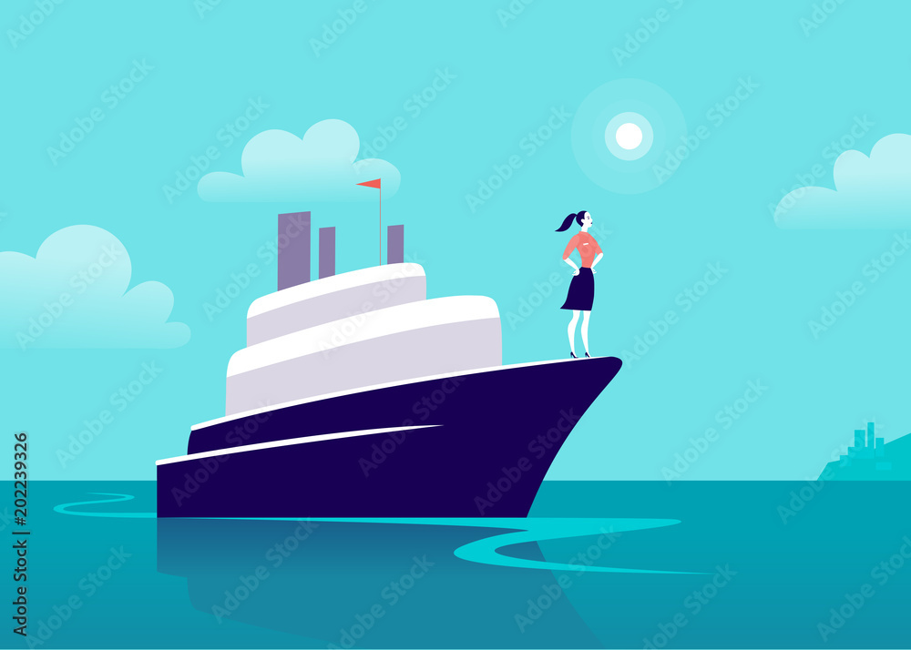 Obraz premium Vector flat business illustration with business lady sailing on ship through ocean towards city on blue clouded sky. Motivation, achievements, new goals, aspirations, leadership, winner - metaphor.