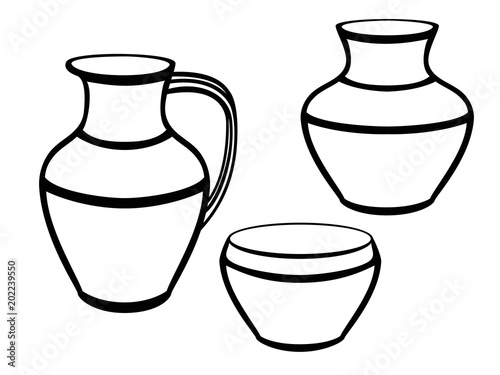 Clay dishes. A set of ethnic ceramic cookware. Pottery. Linear drawing for coloring.