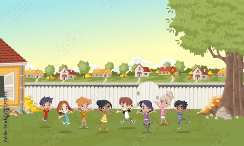 Cartoon kids playing in suburb neighborhood. Green park landscape with grass, trees, and houses.
