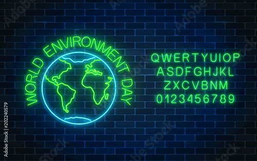 Glowing neon sign of world environment day with globe symbol and alphabet. Earth day neon banner.