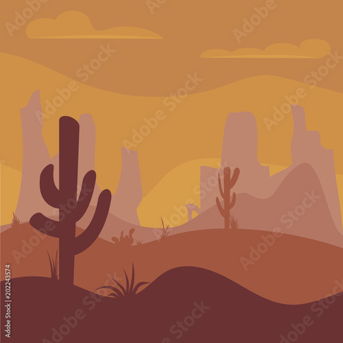 Cactuse and mountains in desert landscape  sunset in cannon. Flat cartoon illustration. Background scene with stones and sand. Vector.