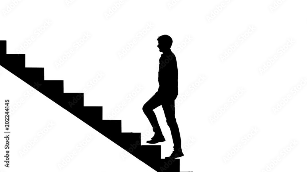 Silhouette Man walking stairs on white. Way to success loopable concept. Career ladder.