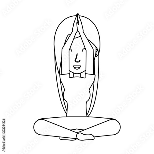 cartoon yogi woman practicing yoga over white background, black and white design. vector illustration