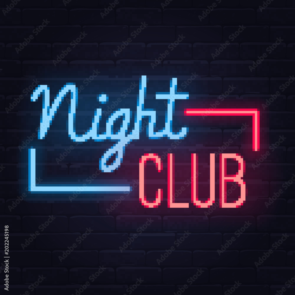 Night club neon sign. Night club logo, emblem. Light banner. Vector  illustration. Stock Vector | Adobe Stock