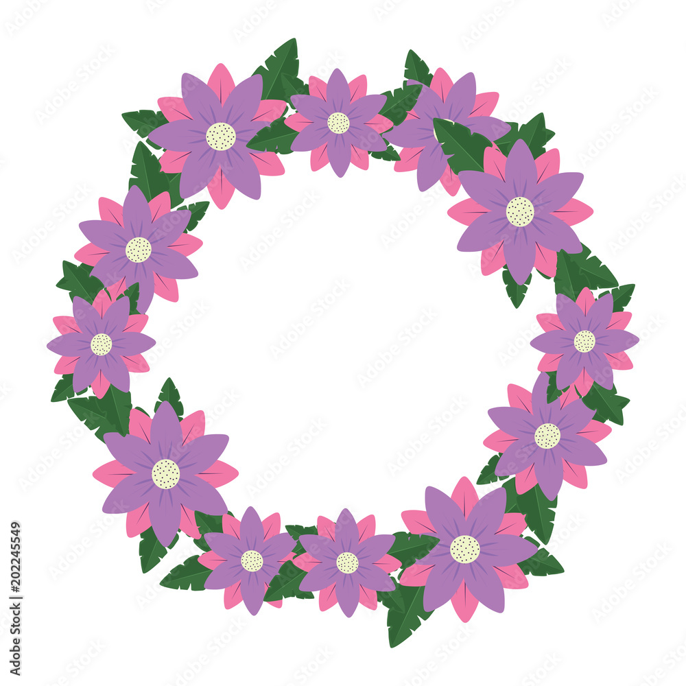 wreath of beautiful flowers and leaves over white background, colorful design.  vector illustration