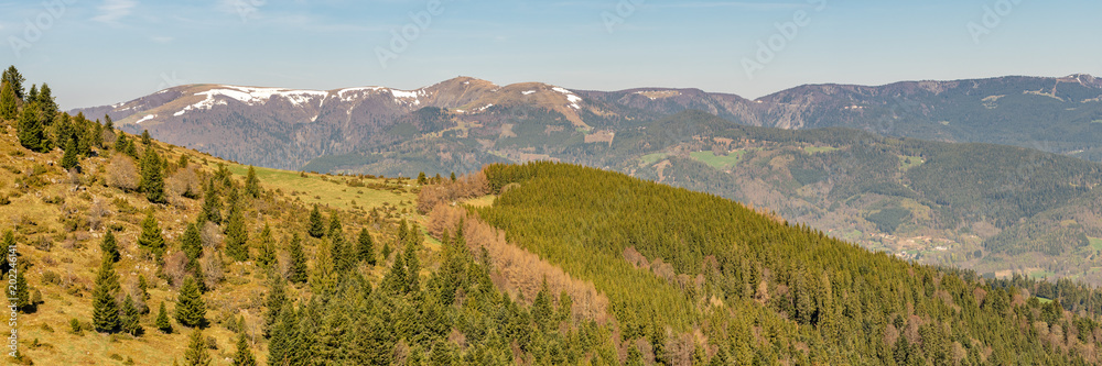 French landscape - Vosges. View towards the Vosges massif with hills and trees.
