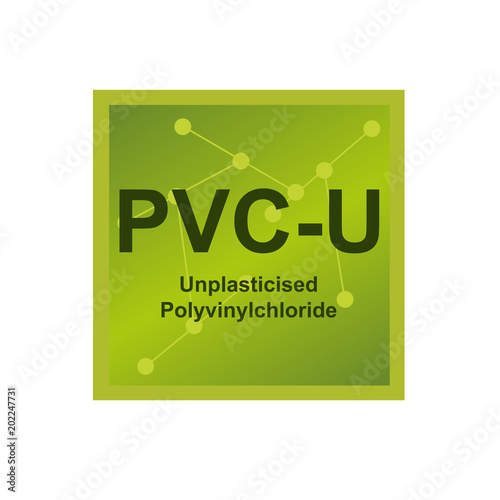 Vector symbol of Unplasticised Polyvinylchloride (PVC-U) polymer on the background from connected macromolecules