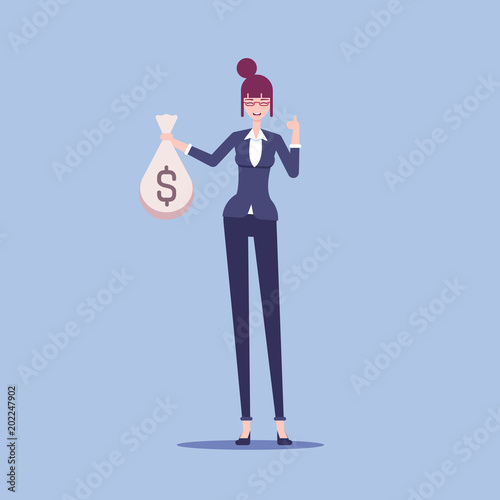 Smiling businesswoman stands with a full bag of money and shows thumb up vector flat illustration. Woman in formal wear hold sack of money in his hand.