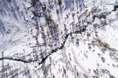 Aerial view of a small mountain stream flowing in the snow at spring in a sparse larch forest