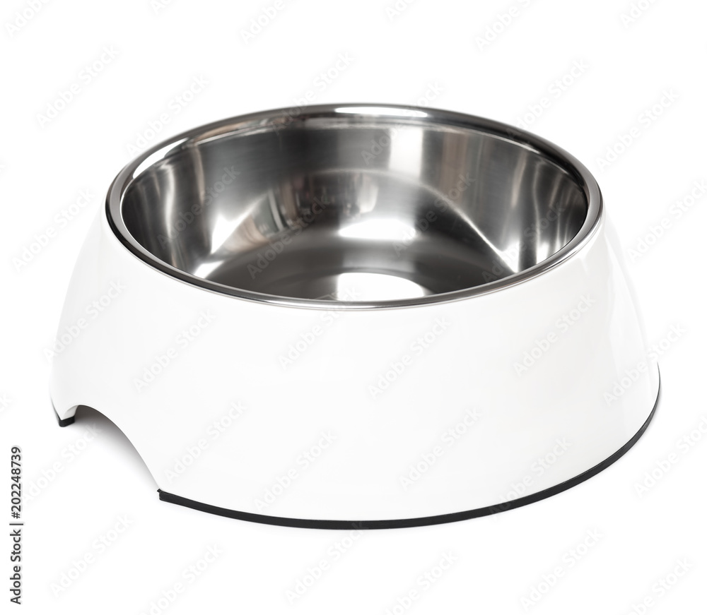 Empty pets bowl isolated on white background. Metal cat or dog bowl. Empty pets bowl isolated on white background. Metal cat or dog bowl.