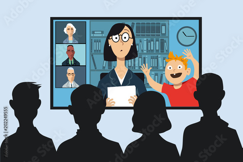 Working mother attending a business video conference from her house, her little son interrupting, EPS 8 vector illustration