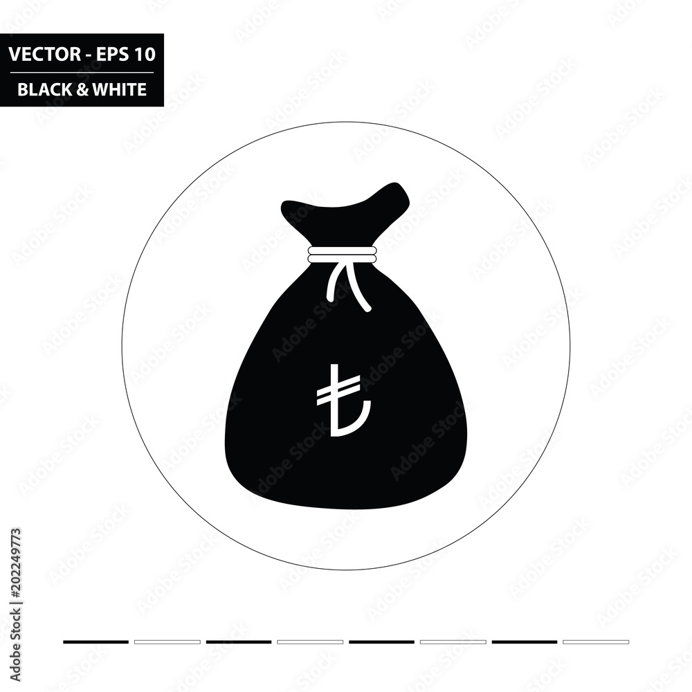 Money bag - Turkish lira black and white glyph flat icon. Vector Illustration. Money bag - Turkish lira black and white glyph flat icon. Vector Illustration.