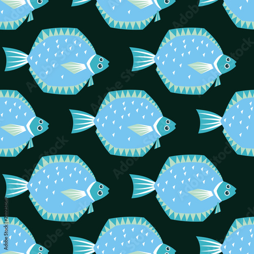Seamless pattern in ethnic style with the image of northern species of fish. Colorful vector background.