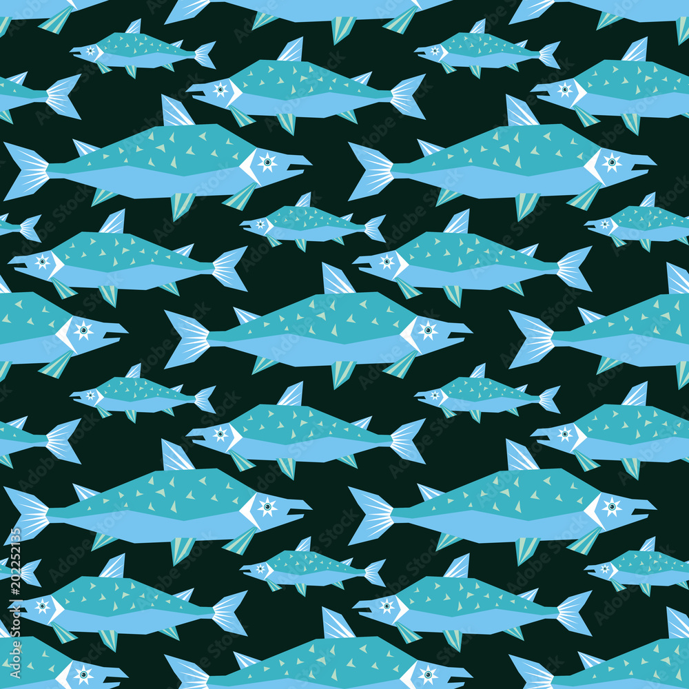Obraz premium Seamless pattern in ethnic style with the image of northern species of fish. Colorful vector background.