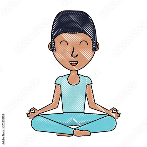cartoon man doing lotus position over white background, colorful design. vector illustration