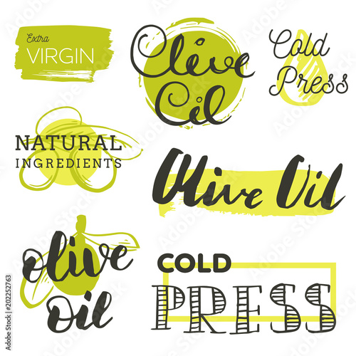 Vector hand lettering olive production logos or signs. Retro sketched extra virgin oil illustrations set for farm or cosmetics produce, packaging badges, tags, cafe, stores design etc.