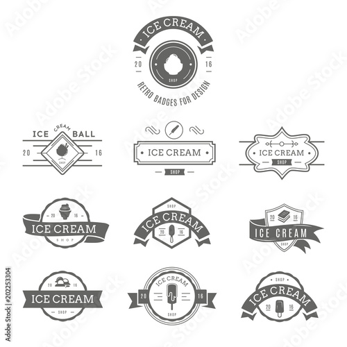 Set of ice-cream shop labels, logotypes and design elements. Vintage collection of different ice cream elements. Cold desserts and ice cream objects. Vector elements for design. Ice cream silhouettes.