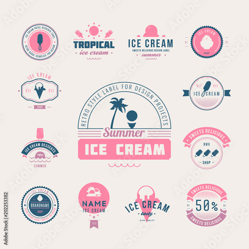 Set of ice-cream shop labels, logotypes and design elements. Vintage collection of different ice cream elements. Cold desserts and ice cream objects. Vector elements for design. Ice cream silhouettes.