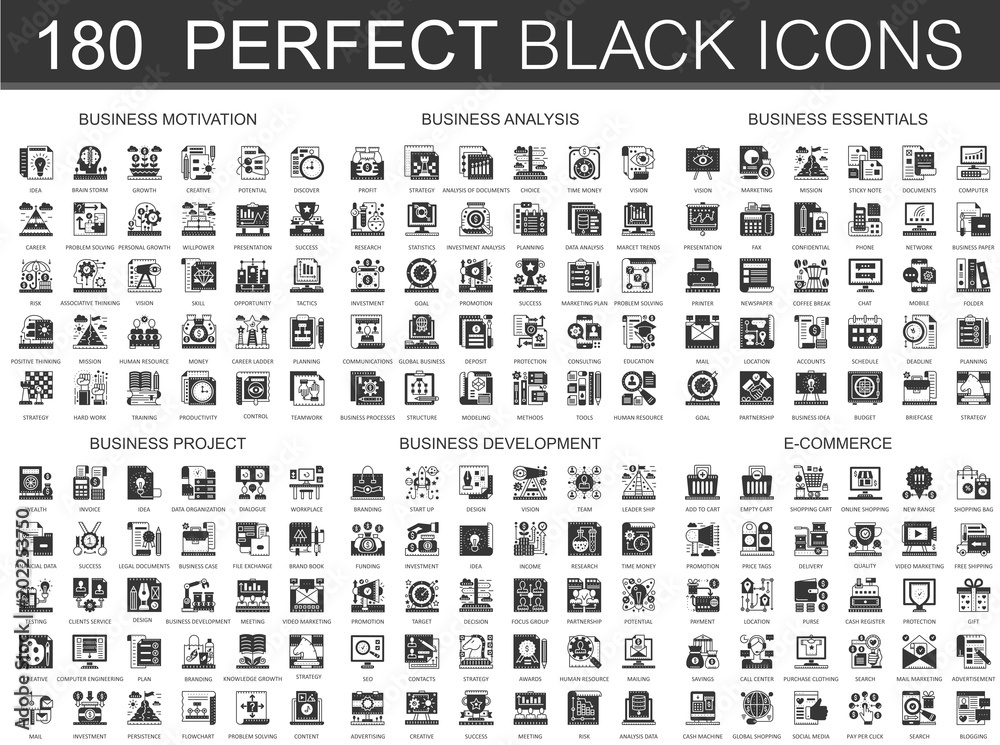 180 seo optimization, business motivation, business analysis, business essentials, business project, startup development, e-commerce classic black mini concept icons and infographic symbols set.