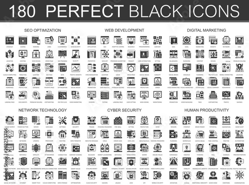 180 seo optimization, web development, digital marketing, network technology, cyber security, human productivity classic black mini concept icons and infographic symbols set.