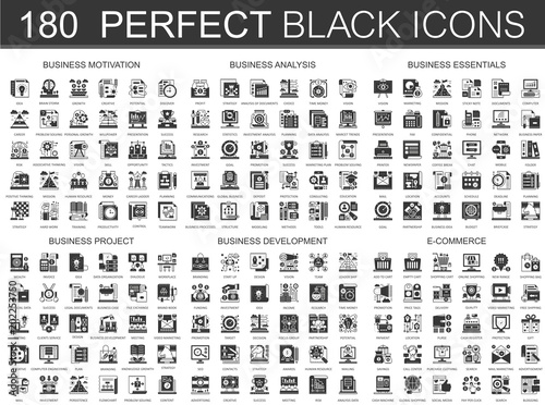 180 seo optimization, business motivation, business analysis, business essentials, business project, startup development, e-commerce classic black mini concept icons and infographic symbols set.
