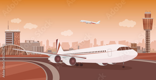 Airport Terminal building with aircraft taking off. Monochrome mono color vector airport landscape.