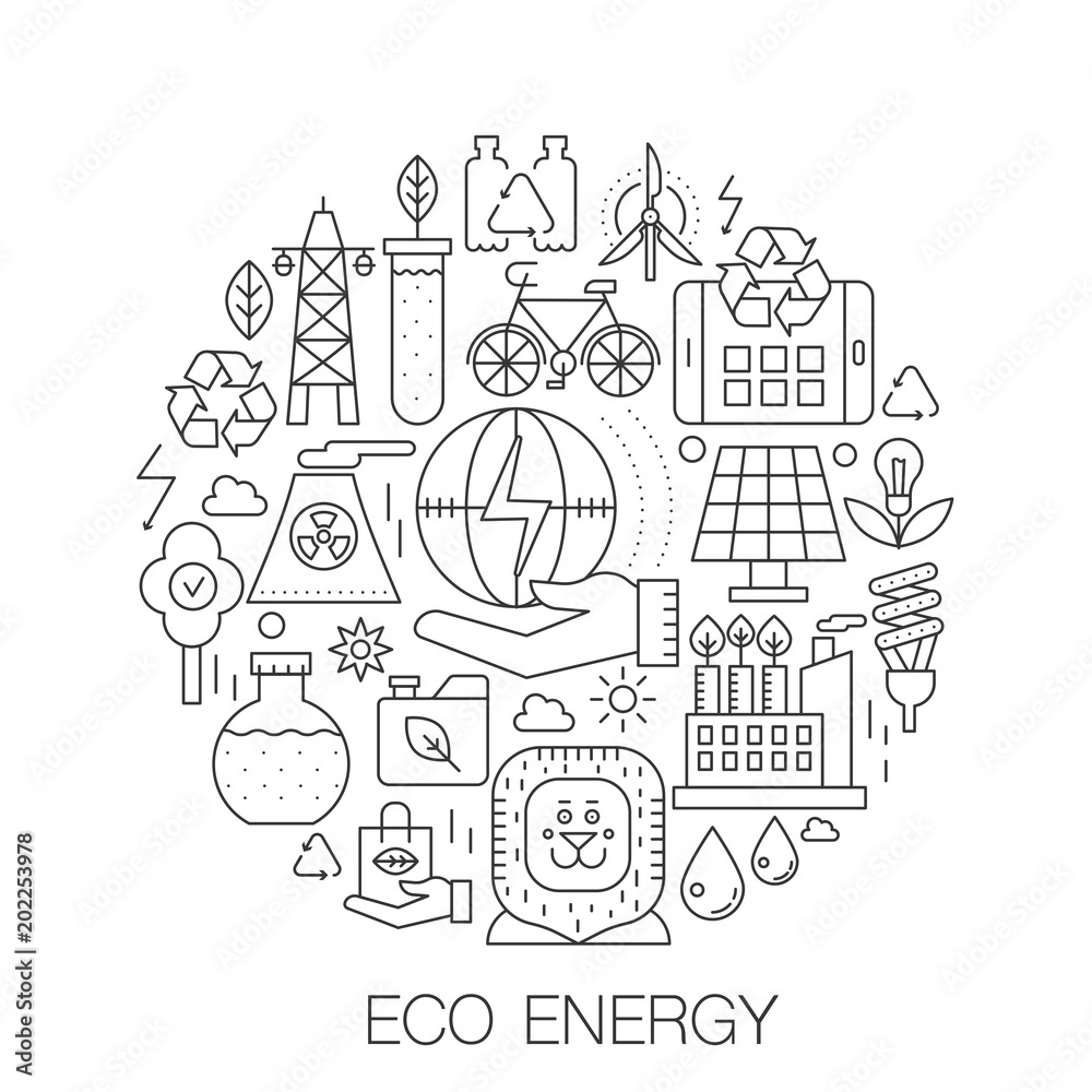 Eco energy in circle - concept line illustration for cover, emblem, badge. Green energgy thin line stroke icons set.