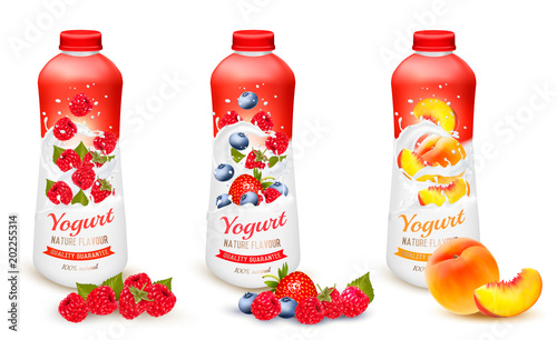 Fruit yogurt with peach advert concept. Yogurt flowing into a plastic cup with fresh peach. Design template. Vector.