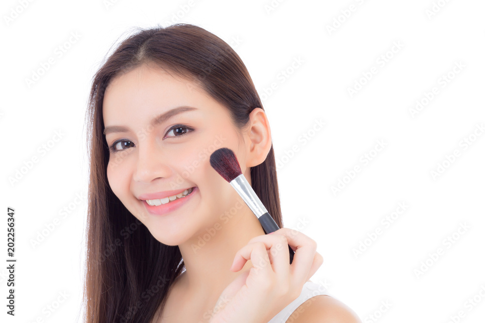 Beauty asian woman applying make up with brush of cheek isolated on white background, beautiful of girl holding blusher, skincare and cosmetic concept. Beauty asian woman applying make up with brush of cheek isolated on white background, beautiful of girl holding blusher, skincare and cosmetic concept.
