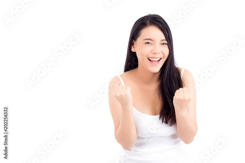 Portrait of beautiful asian woman makeup of cosmetic, beauty of girl with face smile and gesture glad attractive isolated on white background, success perfect with wellness and healthcare concept.