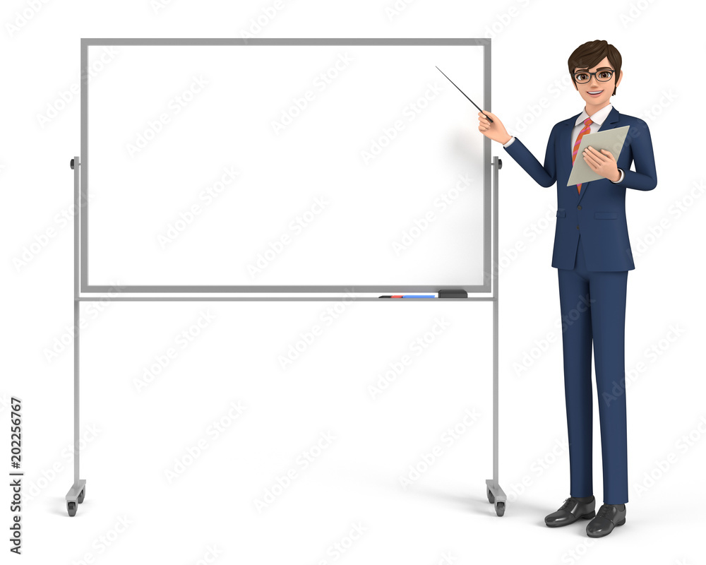 3D illustration character - A business man who illustrates by a white board. 3D illustration character - A business man who illustrates by a white board.