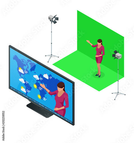 Isometric Weather forecast. A television anchorwoman at studio during live broadcasting