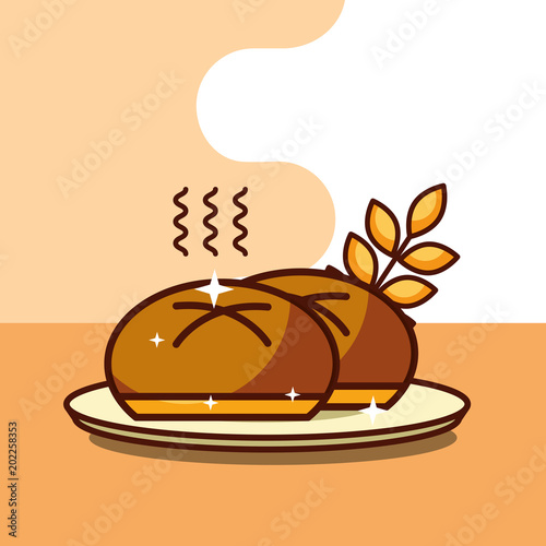 fresh bun bread wheat ears on dish vector illustration