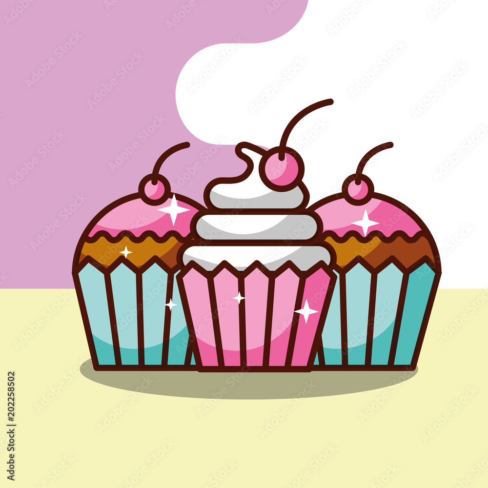 three sweets cupcakes dessert pastry vector illustration