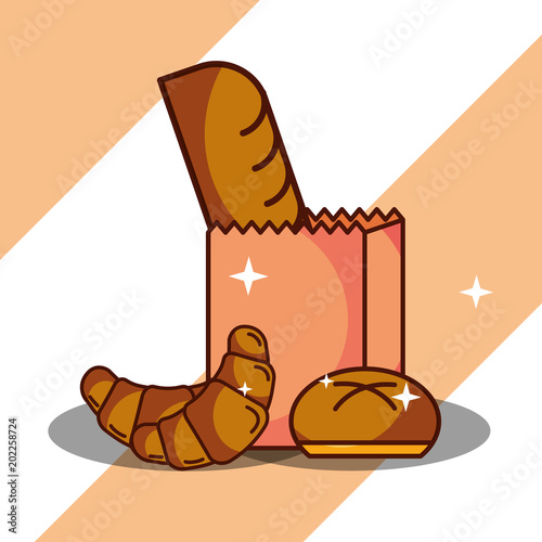 paper bag bakery fresh bread croissant and bun bread vector illustration