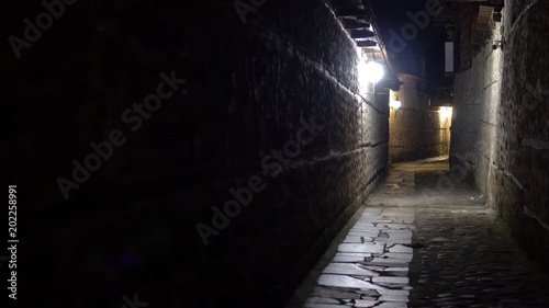 Dark urban city stone pavement alley at night