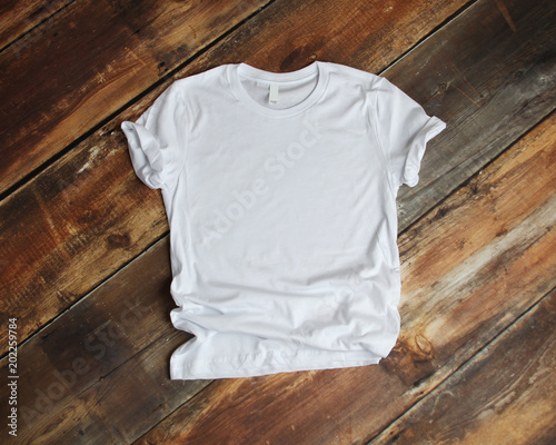 White T Shirt mockup flat lay on wood