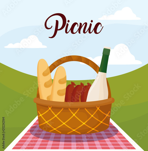 picnic landscape concept with basket with food, colorful design. vector illustration