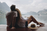 Romantic couple contemplating mountain view