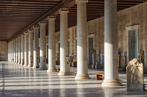 Columns inside the Stoa of Attalos, a covered walkway or portico, in the Agora - Athens, Greece