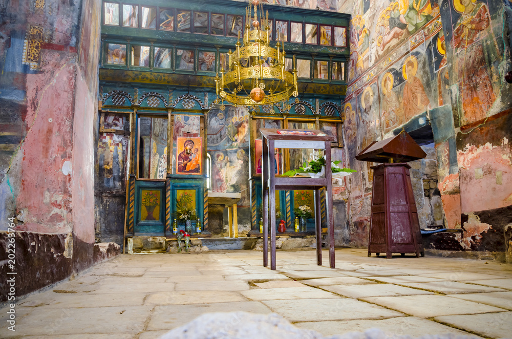 Interior of ancient orthodox church, monastery Treskavec in Prilep, Macedonia