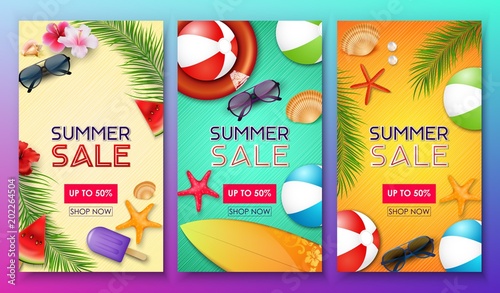 Summer sale poster set with 50% off discount and summer elements in colorful background