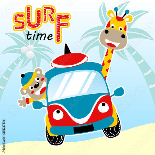 surfing time with cute animals  vector cartoon illustration